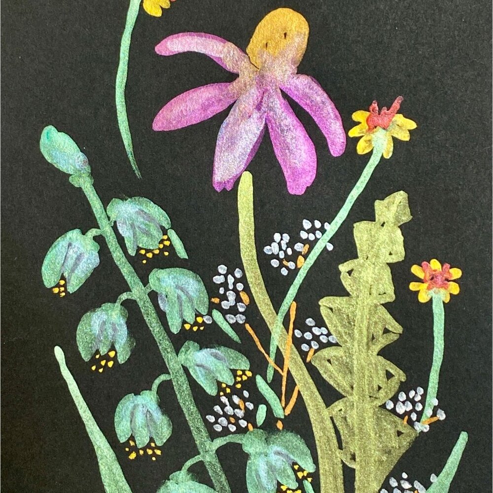 Wild Flowers Original Iridescent Watercolor Painting 8x10in Matted Frame Ready